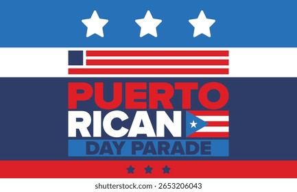 Dia de Porto Rico. Feliz feriado nacional. Festival e desfile em honra da independência e da liberdade. Bandeira de Porto Rico. País latino-americano. Elementos patrióticos. Ilustração de pôster vetorial