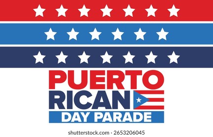Dia de Porto Rico. Feliz feriado nacional. Festival e desfile em honra da independência e da liberdade. Bandeira de Porto Rico. País latino-americano. Elementos patrióticos. Ilustração de pôster vetorial