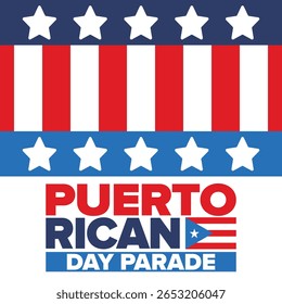 Dia de Porto Rico. Feliz feriado nacional. Festival e desfile em honra da independência e da liberdade. Bandeira de Porto Rico. País latino-americano. Elementos patrióticos. Ilustração de pôster vetorial