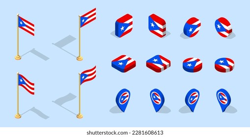 Puerto Rican flag (Commonwealth of Puerto Rico). 3D isometric flag set icon. Editable vector for banner, poster, presentation, infographic, website, apps, maps, and other uses.