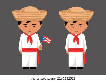 Puerto Rican male cartoon character in traditional ethnic costume holding national flag. Man in Puerto Rico clothes. Latin americans. Isolated flat vector illustration.