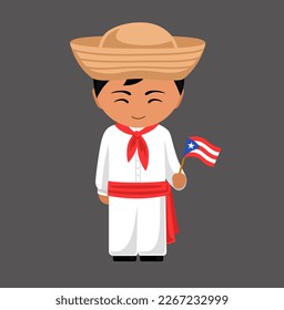 Puerto Rican male cartoon character in traditional ethnic costume holding national flag. Man in Puerto Rico clothes. Latin americans. Isolated flat vector illustration.