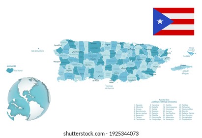 Mapa administrativo azul-verde de Puerto Rico con bandera del país y ubicación en un globo. Ilustración del vector