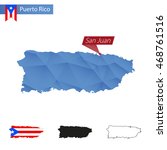 Puerto Rico blue Low Poly map with capital San Juan, four versions of map. Vector Illustration.