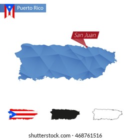 Puerto Rico blue Low Poly map with capital San Juan, four versions of map. Vector Illustration.