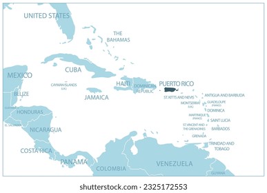 Puerto Rico - blue map with neighboring countries and names. Vector illustration