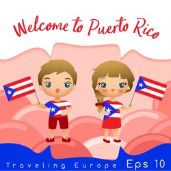 Puerto Rico : Boy And Girl With National Flag : Vector Illustration
