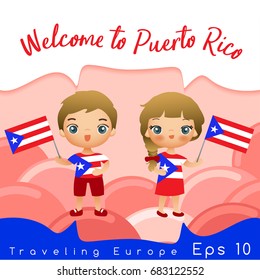 Puerto Rico : Boy and girl with national flag : Vector Illustration