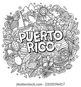 Dibujo del doodle de dibujos animados de Puerto Rico. Gracioso diseño puertorriqueño. Fondo vectorial creativo con elementos y objetos del país caribeño. Composición colorida