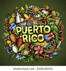 Dibujo del doodle de dibujos animados de Puerto Rico. Gracioso diseño puertorriqueño. Fondo vectorial creativo con elementos y objetos del país caribeño. Composición colorida