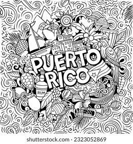 Dibujo del doodle de dibujos animados de Puerto Rico. Gracioso diseño puertorriqueño. Fondo vectorial creativo con elementos y objetos del país caribeño. Composición colorida