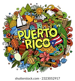 Puerto Rico cartoon doodle illustration. Funny Puerto-Rican design. Creative vector background with Caribbean country elements and objects. Colorful composition