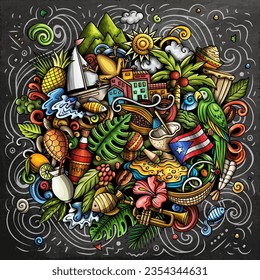 Puerto Rico cartoon doodle illustration. Funny Puerto-Rican design. Chalkboard vector background with Caribbean country elements and objects. Colorful composition