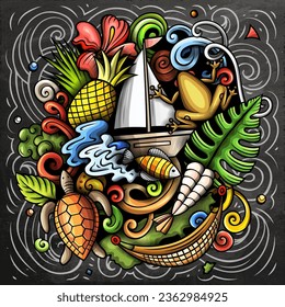 Puerto Rico cartoon doodle illustration. Funny Puerto-Rican design. Chalkboard vector background with Caribbean country elements and objects. Colorful composition