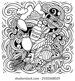 Ilustração de doodle de desenho animado de Porto Rico. Engraçado design porto-riquenho. fundo vetorial com elementos e objetos do país do Caribe. Composição irregular