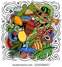 Ilustración de doodle de dibujos animados de Puerto Rico. Diseño puertorriqueño divertido. fondo de Vector con Elementos y objetos del país caribeño. Composición colorida