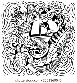 Ilustração de doodle de desenho animado de Porto Rico. Engraçado design porto-riquenho. fundo vetorial com elementos e objetos do país do Caribe. Composição irregular