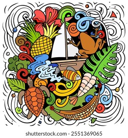 Ilustración de doodle de dibujos animados de Puerto Rico. Diseño puertorriqueño divertido. fondo de Vector con Elementos y objetos del país caribeño. Composición colorida