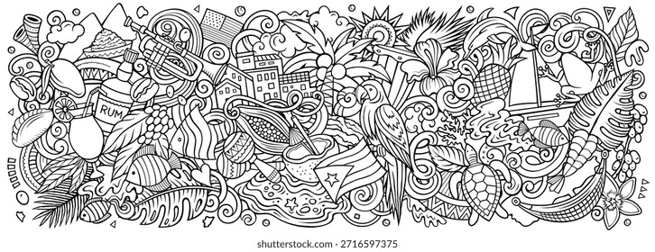 Puerto Rico Cartoon Doodle Vektor Skizze Banner. Lustige puerto-ricanische skurrile Illustration. Karibik tropische Elemente in einem spielerischen Stil