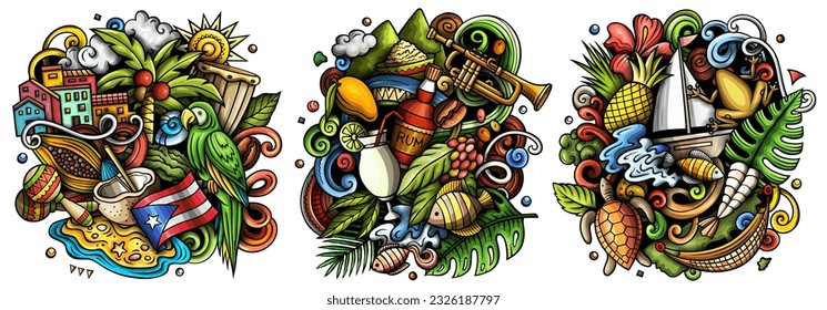 Diseños de doodles vectoriales de Puerto Rico. Coloridas composiciones detalladas con muchos objetos y símbolos puertorriqueños. Isolación en ilustraciones blancas