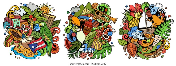 Puerto Rico cartoon vector doodle designs set. Colorful detailed compositions with lot of puerto-rican objects and symbols. Isolated on white illustrations