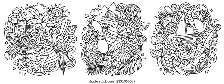 Puerto Rico cartoon vector doodle designs set. Line art detailed compositions with lot of puerto-rican objects and symbols. Isolated on white illustrations