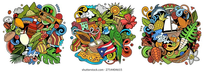 Conjunto de diseños de doodle de Vector de dibujos animados de Puerto Rico. Coloridas composiciones detalladas con muchos objetos y símbolos de islas tropicales. Aislado en ilustraciones blancas