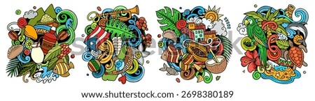 Puerto Rico cartoon vector doodle designs set. Colorful detailed compositions with lot of tropical island objects and symbols. Isolated on white illustrations. Hand-drawn, not AI 