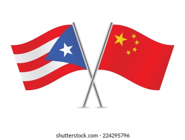 Puerto Rico and China crossed flags. Puerto Rican and Chines flags, isolated on white background. Vector icon set. Vector illustration.
