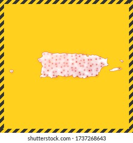 Puerto Rico closed - virus danger sign. Lockdown country icon. Black striped border around map with virus spread concept. Vector illustration.