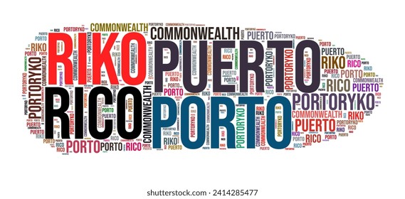 Puerto Rico country shape word cloud. Typography style country illustration. Puerto Rico image in text cloud style. Vector illustration.