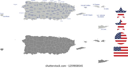 Puerto Rico county map vector outline in gray background. Puerto Rico state of USA map with counties names labeled and United States flag icon vector illustration designs