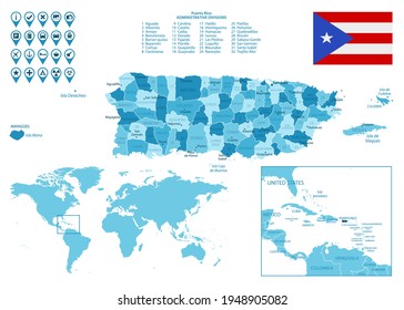 Puerto Rico detailed administrative blue map with country flag and location on the world map.