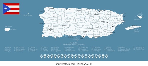 Puerto Rico - detailed blue country map with cities and regions. Infographic icons. Vector illustration