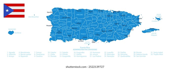 Puerto Rico - detailed blue country map with cities and regions. Vector illustration.