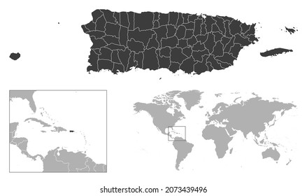 Puerto Rico - detailed country outline and location on world map. Vector illustration
