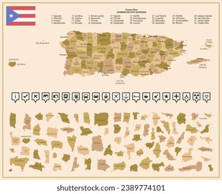 Puerto Rico - detailed map of the country in brown colors, divided into regions. Vector illustration