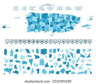 Porto Rico - mapa detalhado do país em cores azuis, dividido em regiões. Ícones infográficos. Ilustração vetorial.