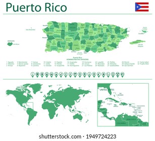 Puerto Rico detailed map and flag. Puerto Rico on world map.