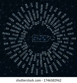 Puerto Rico digital map. Binary rays radiating around glowing country. Internet connections and data exchange design. Vector illustration.