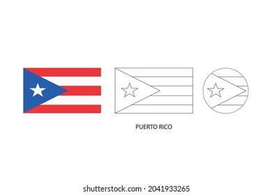 Bandera de Puerto Rico 3 versiones, ilustración vectorial, línea delgada negra de rectángulo y el círculo sobre fondo blanco.