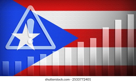 Puerto Rico flag with burlap texture, warning sign, and rising bar chart symbolizing increasing risk or growth challenges in the country. Ideal for data presentations.