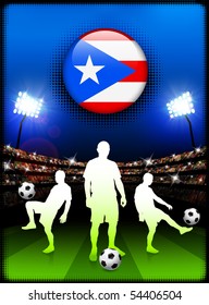 Puerto Rico Flag Button with Soccer Match in Stadium Original Illustration
