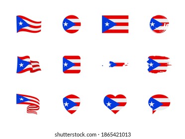 Puerto Rico flag - flat collection. Flags of different shaped twelve flat icons. Vector illustration set