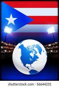 Puerto Rico Flag with Globe on Stadium Background Original Illustration
