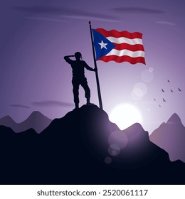 Puerto Rico Flag hoisted on a mountain peak with a purplish sunset in the background, vector illustration