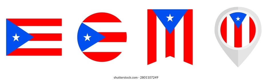 The Puerto Rico flag, including standard rectangular, circular, vertical and pin banner designs.