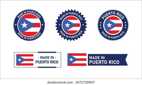 Bandera de Puerto Rico, Made in Puerto Rico. Etiqueta, Sello, Estampilla, Bandera, Icono Vector