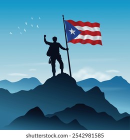 Puerto Rico Bandera levantada en la cima de una montaña con el cielo despejado en el fondo, Ilustración vectorial