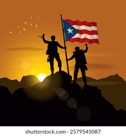 Puerto Rico flag, silhouette of two climbers holding flags at sunset